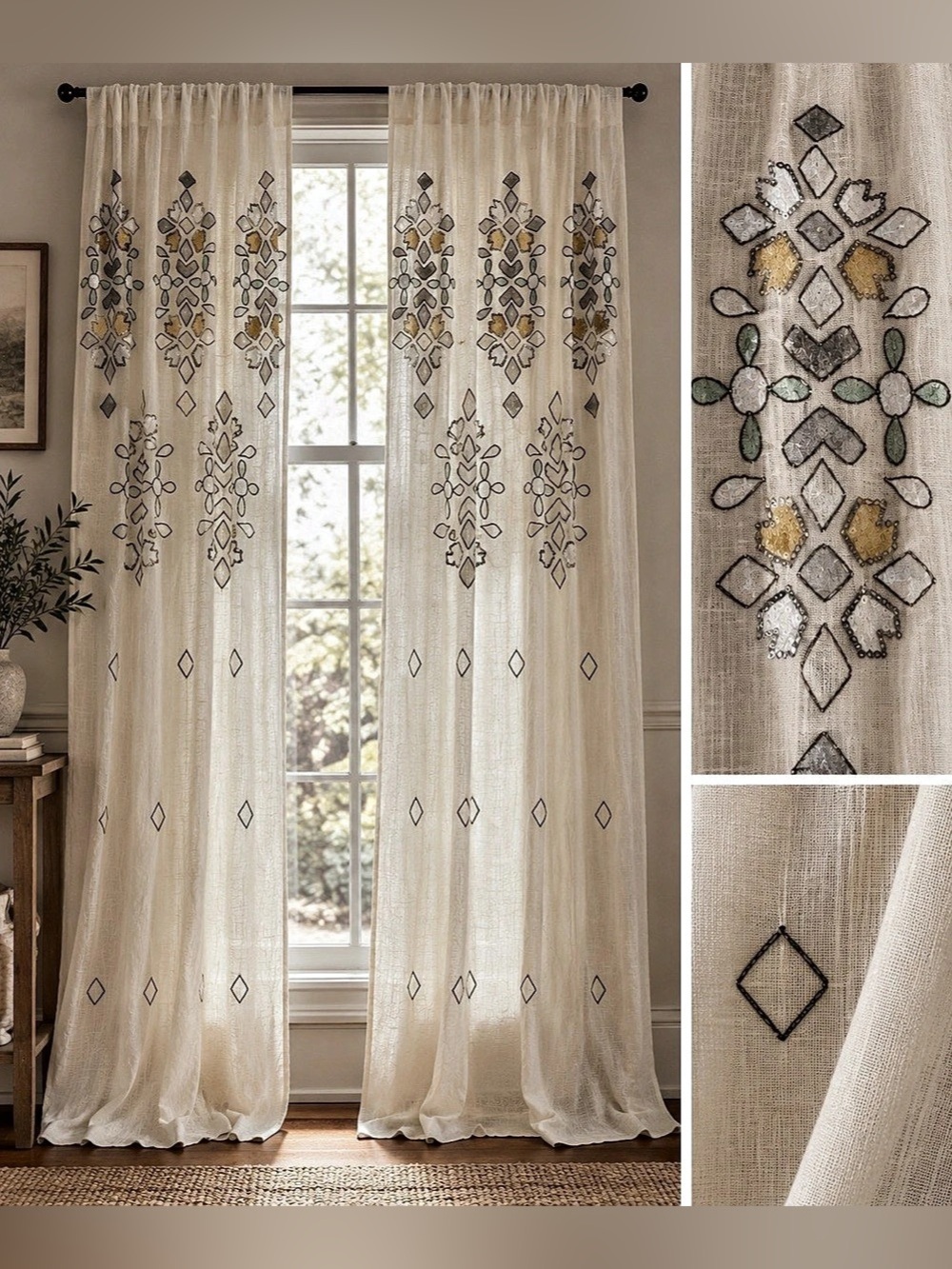 Anthropologie Sequined Curtain Cream 84 Inches